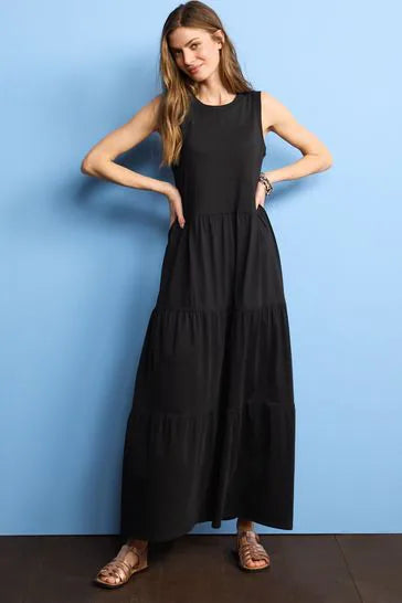 Cotton Sleeveless Crew Neck Tiered Maxi Dress