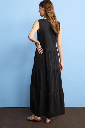 Cotton Sleeveless Crew Neck Tiered Maxi Dress